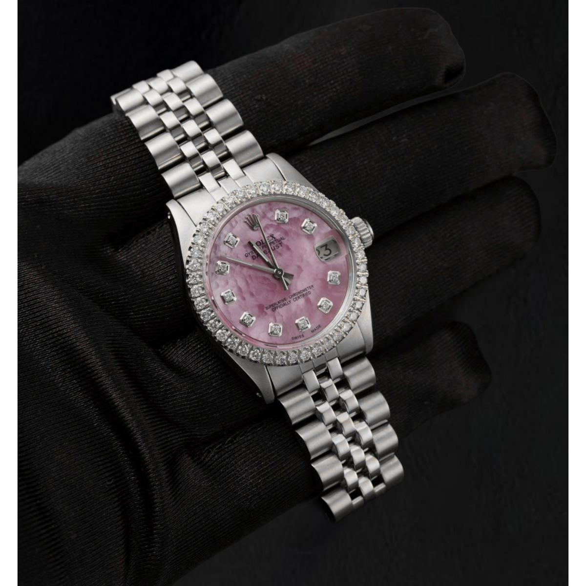 Rolex 31mm Pink Mother Of Pearl Diamond Dial Stainless Steel Watch
