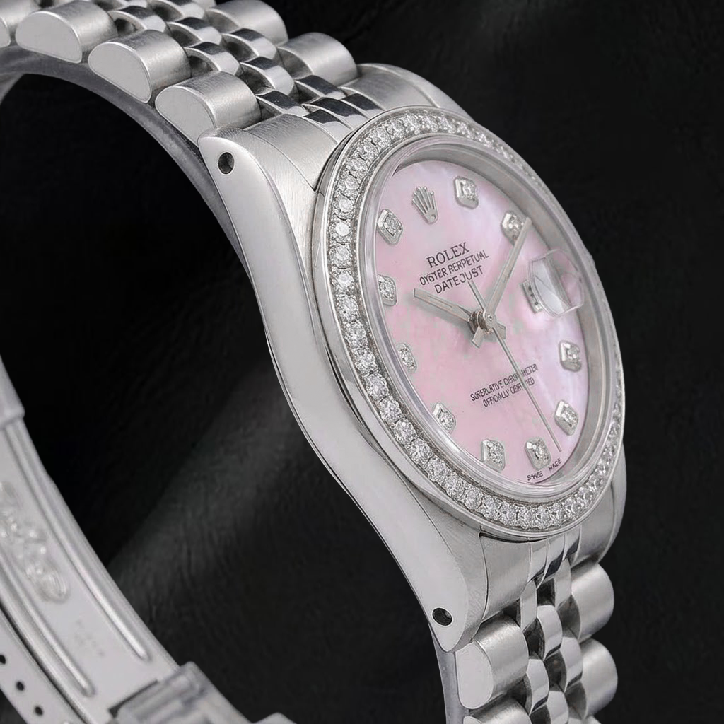 Rolex 31mm Pink Mother Of Pearl Diamond Dial Stainless Steel Watch