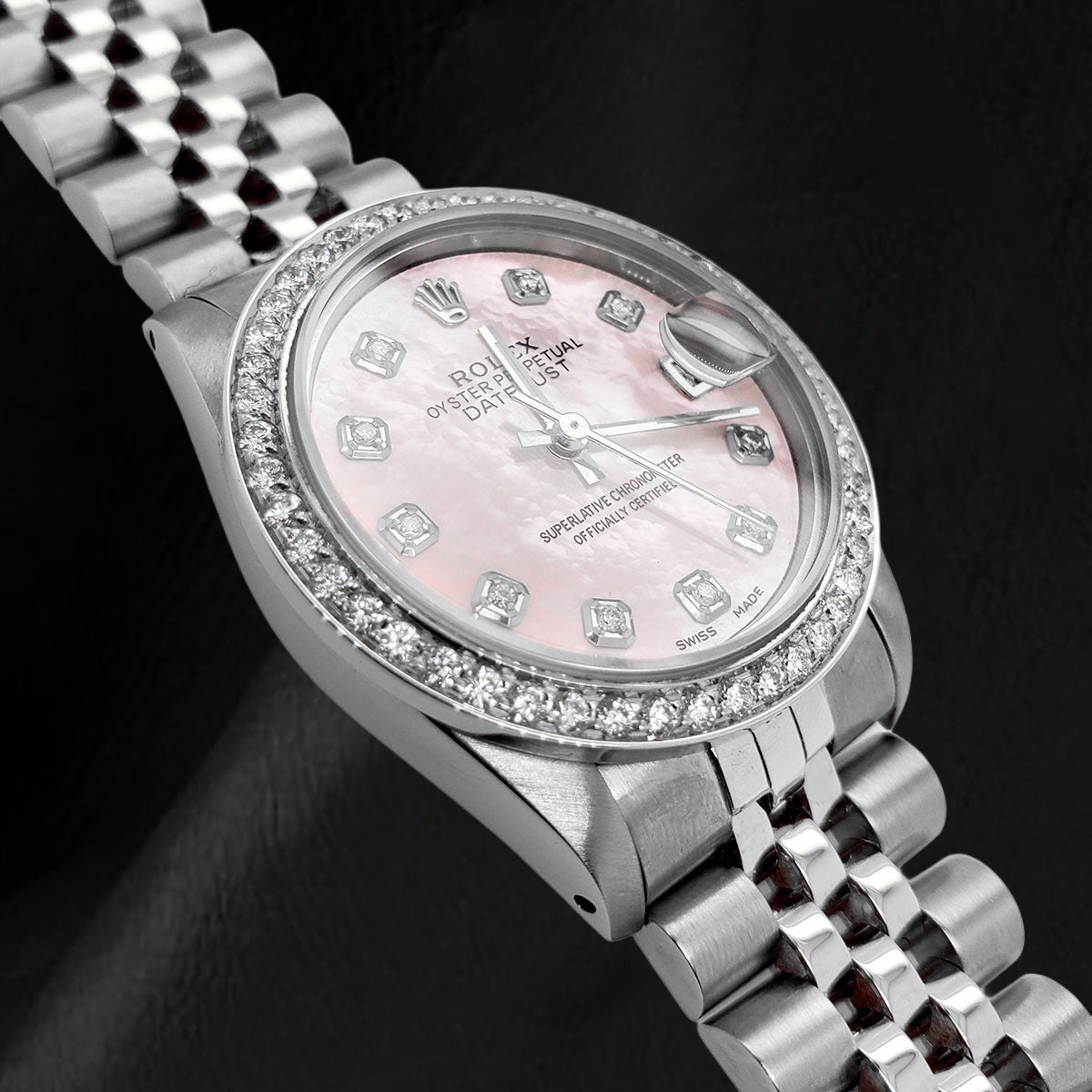 Rolex 31mm Pink Mother Of Pearl Diamond Dial Stainless Steel Watch