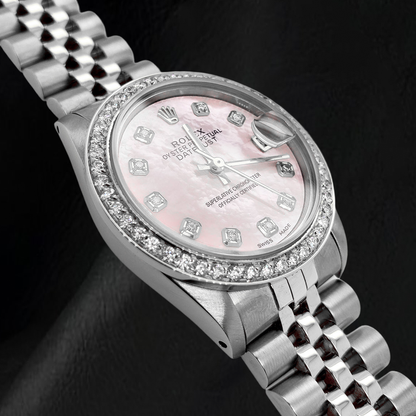 Rolex 31mm Pink Mother Of Pearl Diamond Dial Stainless Steel Watch