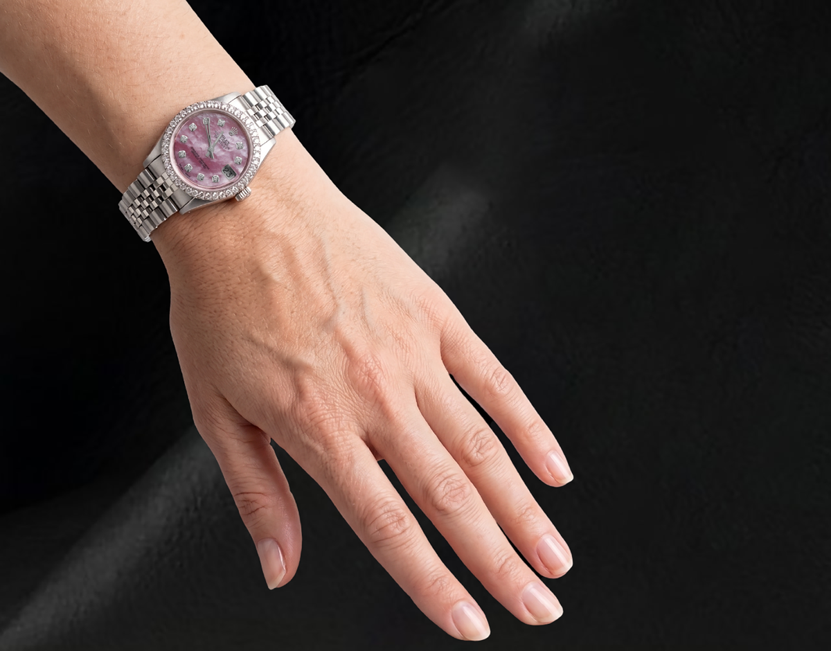 Rolex 31mm Pink Mother Of Pearl Diamond Dial Stainless Steel Watch
