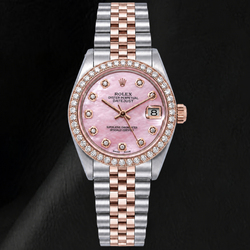 Rolex 31mm Pink Mother Of Pearl Diamond Dial Two Tone Watch