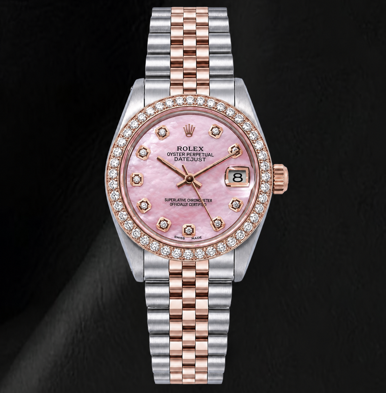 Rolex 31mm Pink Mother Of Pearl Diamond Dial Two Tone Watch