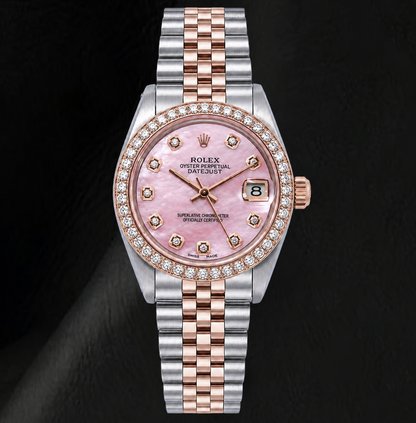Rolex 31mm Pink Mother Of Pearl Diamond Dial Two Tone Watch