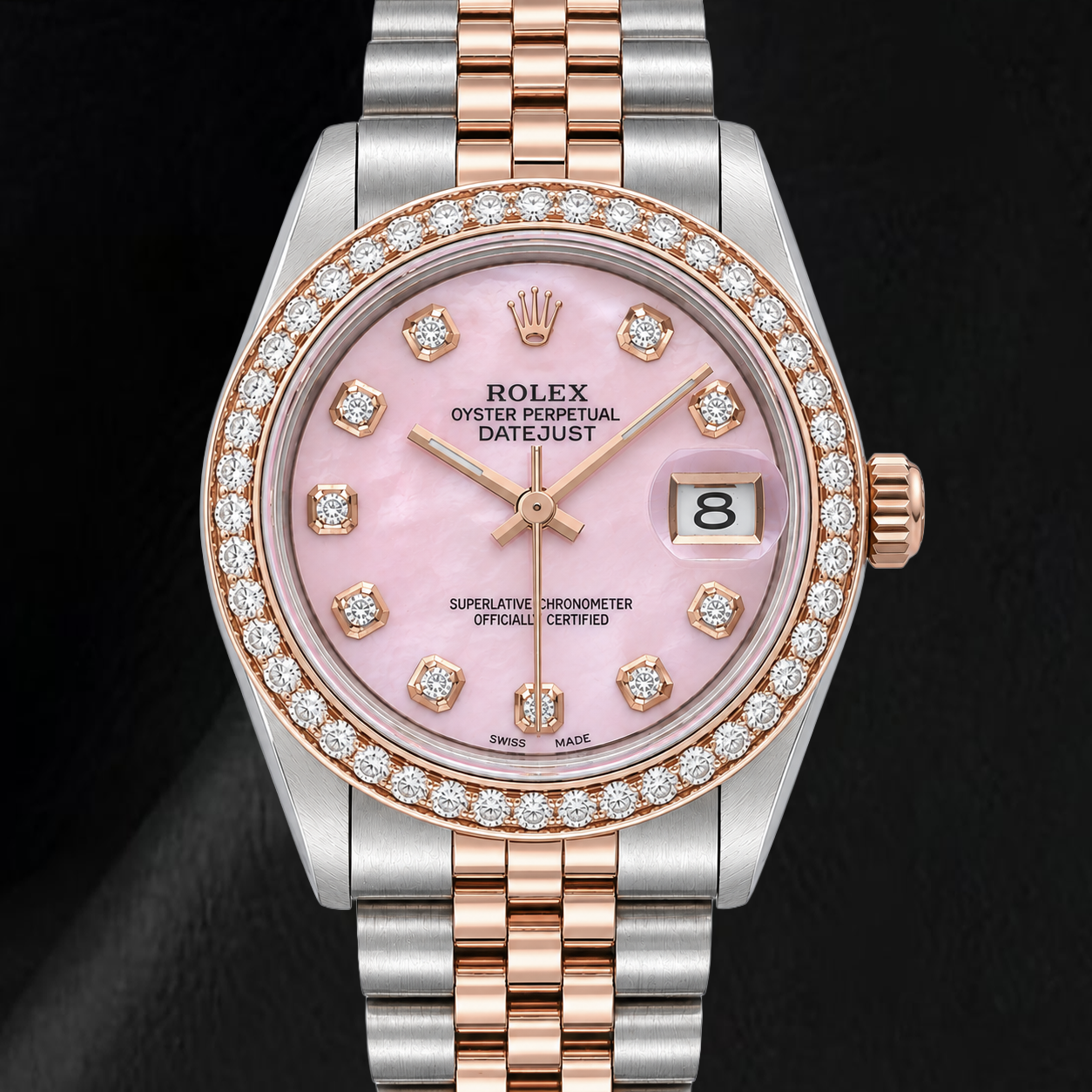 Rolex 31mm Pink Mother Of Pearl Diamond Dial Two Tone Watch