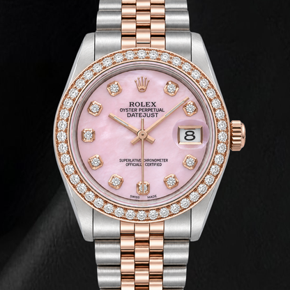 Rolex 31mm Pink Mother Of Pearl Diamond Dial Two Tone Watch