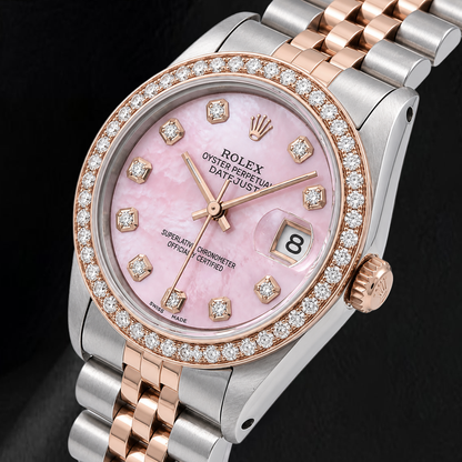 Rolex 31mm Pink Mother Of Pearl Diamond Dial Two Tone Watch