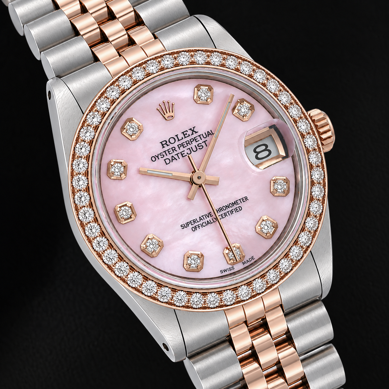 Rolex 31mm Pink Mother Of Pearl Diamond Dial Two Tone Watch