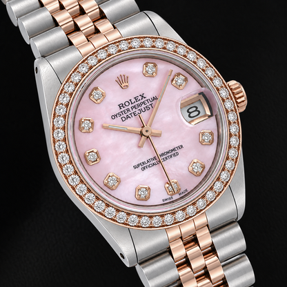 Rolex 31mm Pink Mother Of Pearl Diamond Dial Two Tone Watch