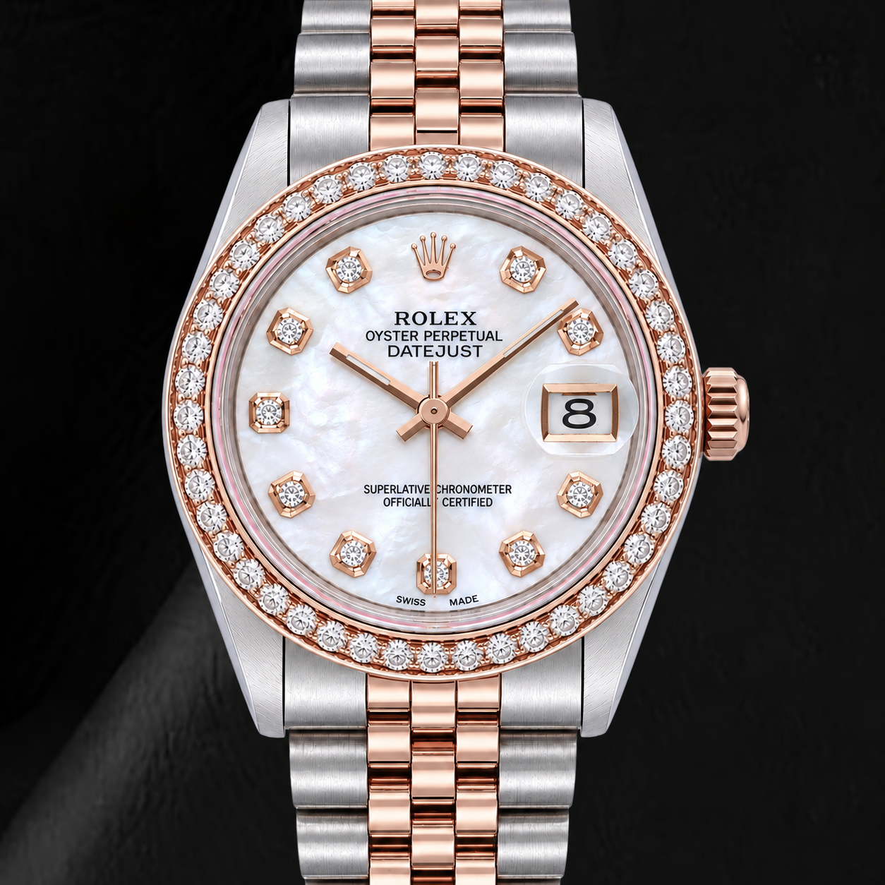 Rolex 31mm White Mother Of Pearl Diamond Dial Two Tone Watch
