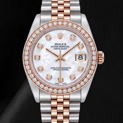 Rolex 31mm White Mother Of Pearl Diamond Dial Two Tone Watch