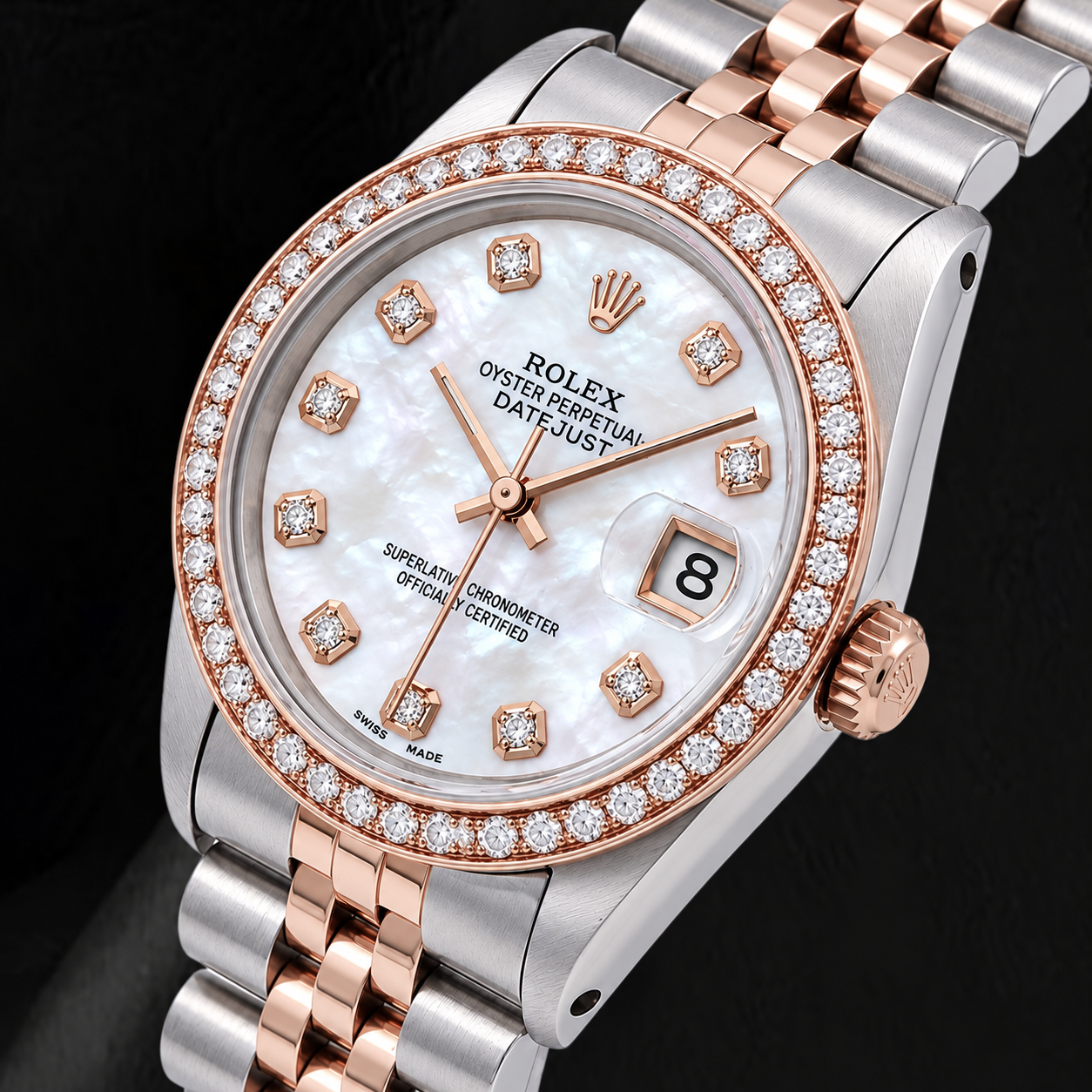 Rolex 31mm White Mother Of Pearl Diamond Dial Two Tone Watch