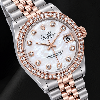 Rolex 31mm White Mother Of Pearl Diamond Dial Two Tone Watch