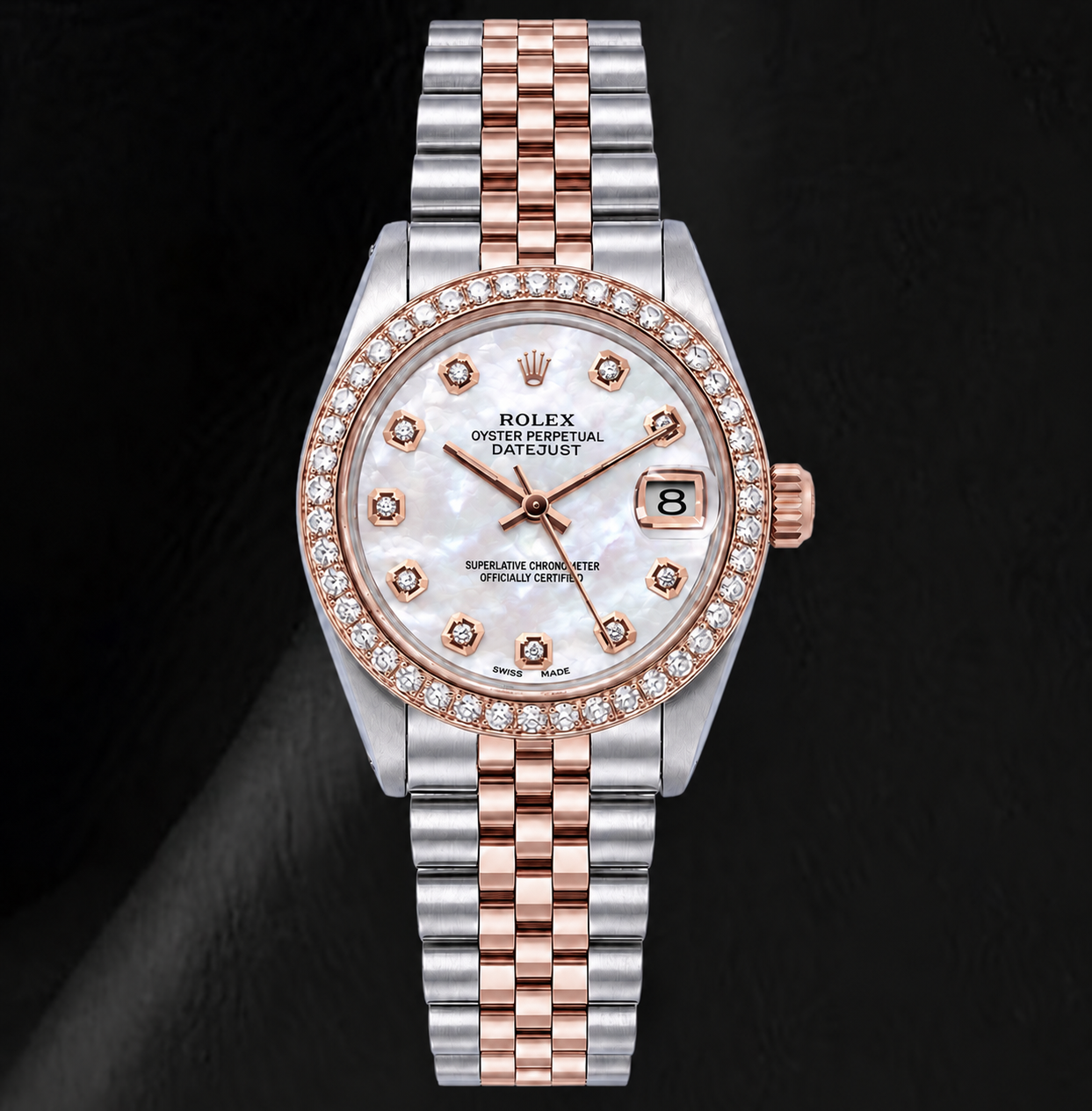Rolex 31mm White Mother Of Pearl Diamond Dial Two Tone Watch