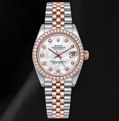 Rolex 31mm White Mother Of Pearl Diamond Dial Two Tone Watch