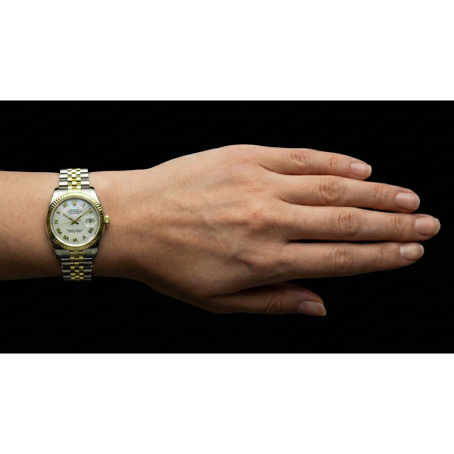 Rolex 36 mm White Mother Of Pearl Roman Dial Jubilee Bracelet Two Tone Watch