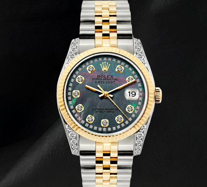 Rolex 36mm 16013 Datejust Black Mother of Pearl Diamond Dial Fluted Bezel Watch Two Tone
