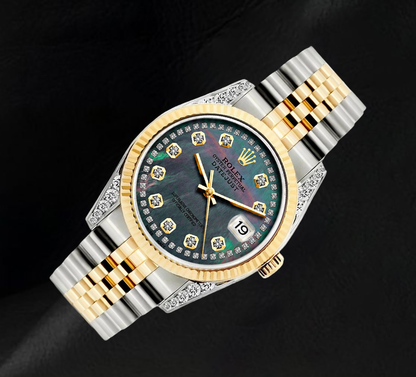 Rolex 36mm 16013 Datejust Black Mother of Pearl Diamond Dial Fluted Bezel Watch Two Tone