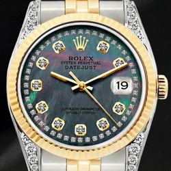 Rolex 36mm 16013 Datejust Black Mother of Pearl Diamond Dial Fluted Bezel Watch Two Tone