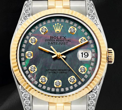 Rolex 36mm 16013 Datejust Black Mother of Pearl Diamond Dial Fluted Bezel Watch Two Tone