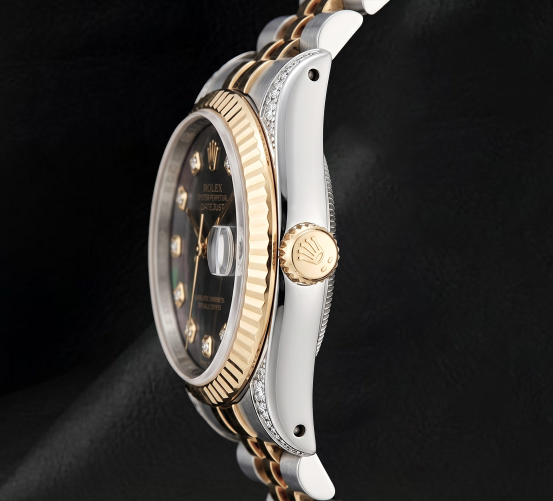 Rolex 36mm 16013 Datejust Black Mother of Pearl Diamond Dial Fluted Bezel Watch Two Tone