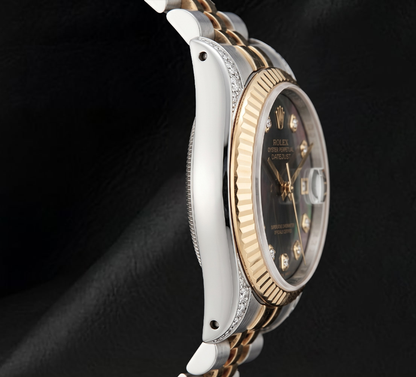 Rolex 36mm 16013 Datejust Black Mother of Pearl Diamond Dial Fluted Bezel Watch Two Tone