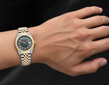 Rolex 36mm 16013 Datejust Black Mother of Pearl Diamond Dial Fluted Bezel Watch Two Tone
