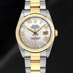 Rolex 36mm 16013 Datejust White Mother of Pearl Roman Diamond Dial Two Tone Watch