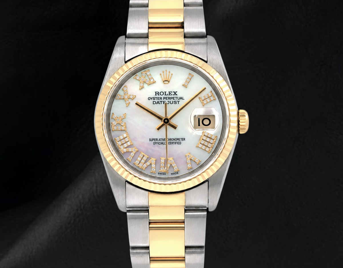 Rolex 36mm 16013 Datejust White Mother of Pearl Roman Diamond Dial Two Tone Watch