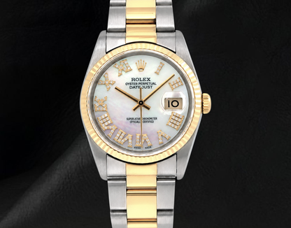 Rolex 36mm 16013 Datejust White Mother of Pearl Roman Diamond Dial Two Tone Watch