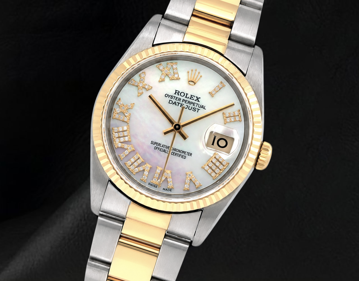 Rolex 36mm 16013 Datejust White Mother of Pearl Roman Diamond Dial Two Tone Watch