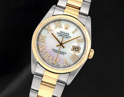 Rolex 36mm 16013 Datejust White Mother of Pearl Roman Diamond Dial Two Tone Watch