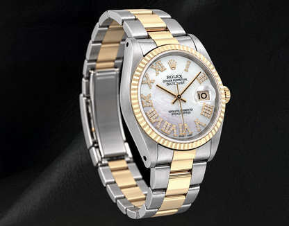 Rolex 36mm 16013 Datejust White Mother of Pearl Roman Diamond Dial Two Tone Watch