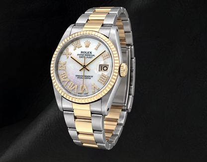 Rolex 36mm 16013 Datejust White Mother of Pearl Roman Diamond Dial Two Tone Watch