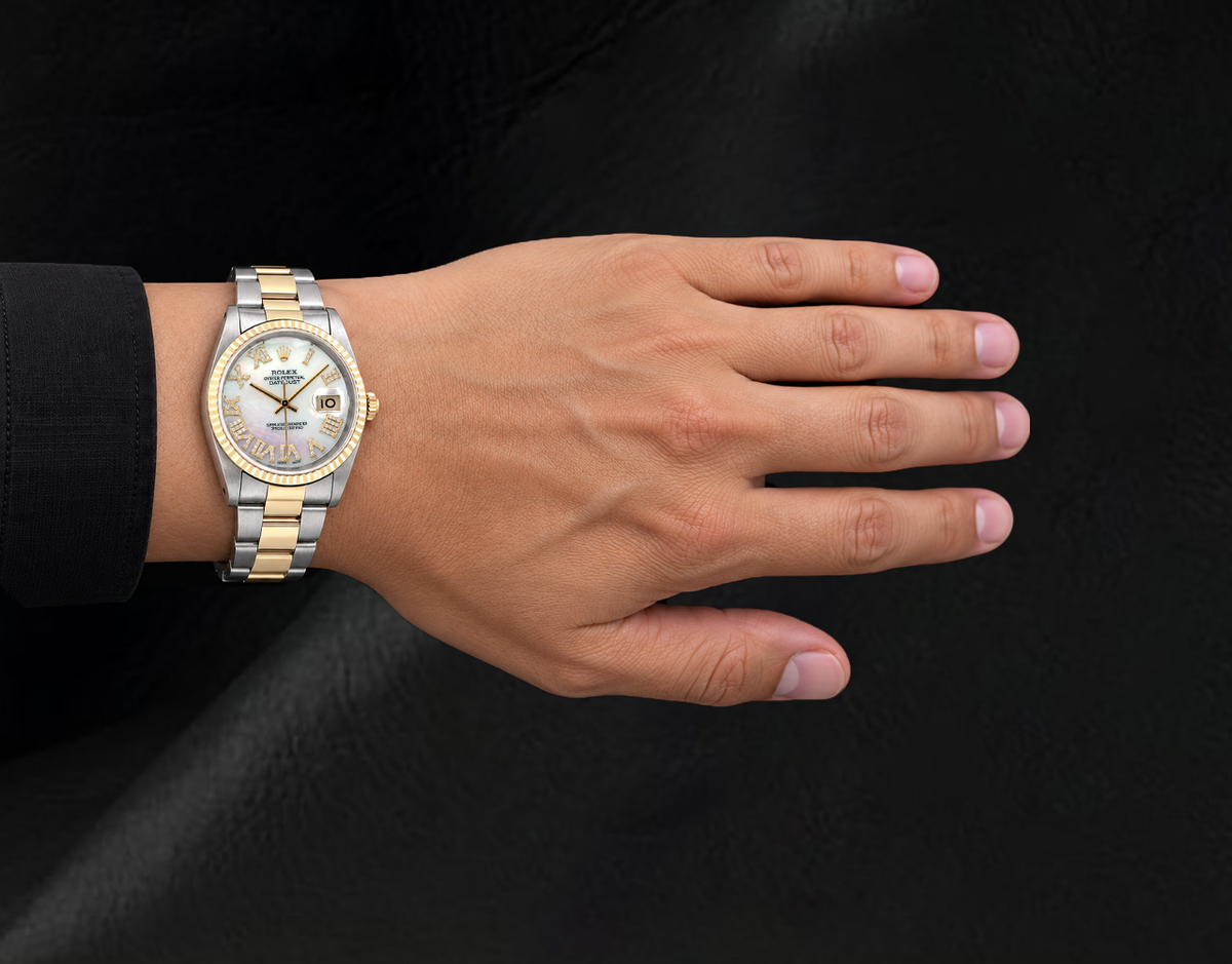 Rolex 36mm 16013 Datejust White Mother of Pearl Roman Diamond Dial Two Tone Watch