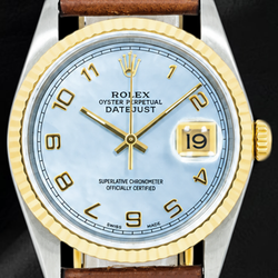 Rolex 36mm Blue Mother of Pearl Arabic Dial 16013 Datejust Brown Leather Strap Watch