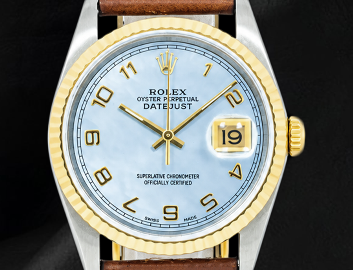 Rolex 36mm Blue Mother of Pearl Arabic Dial 16013 Datejust Brown Leather Strap Watch