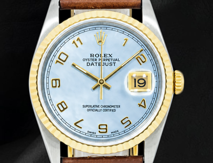 Rolex 36mm Blue Mother of Pearl Arabic Dial 16013 Datejust Brown Leather Strap Watch