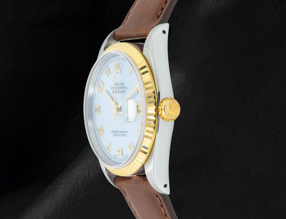 Rolex 36mm Blue Mother of Pearl Arabic Dial 16013 Datejust Brown Leather Strap Watch