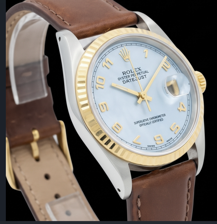 Rolex 36mm Blue Mother of Pearl Arabic Dial 16013 Datejust Brown Leather Strap Watch