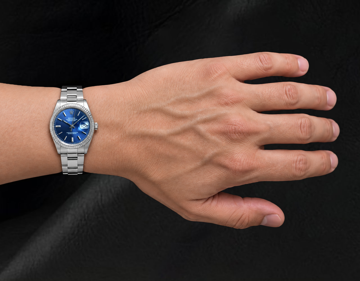 Rolex Blue Stick Dial Datejust 36mm Fluted Bezel Stainless Steel Watch