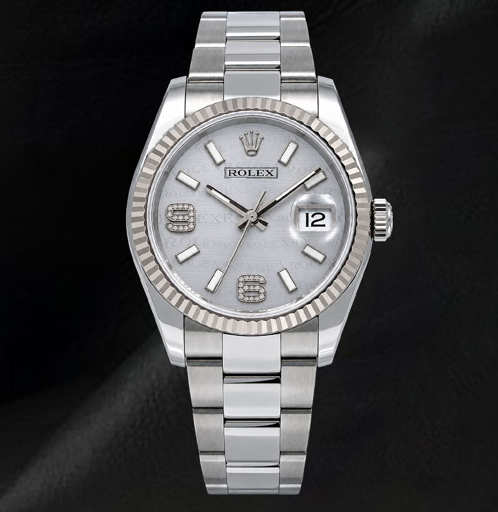 Rolex 36mm Datejust 116234 Silver Arabic Diamond Dial Stainless Steel Oyster Bracelet Watch