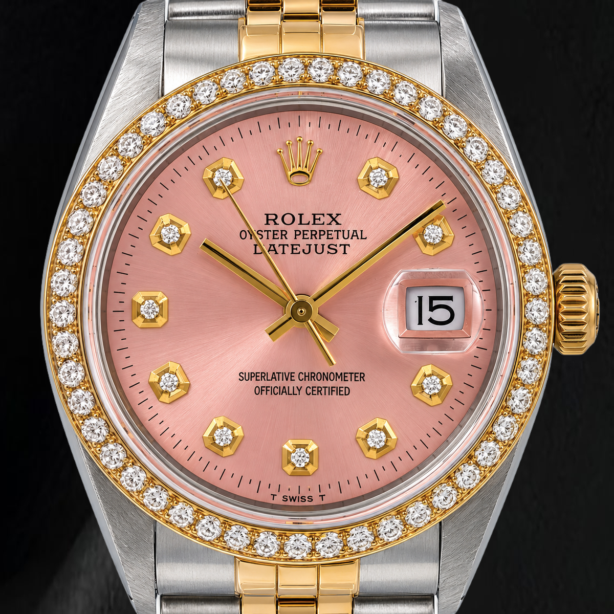 Rolex 36mm Datejust 16013 Pink Diamond Dial Watch Two Tone