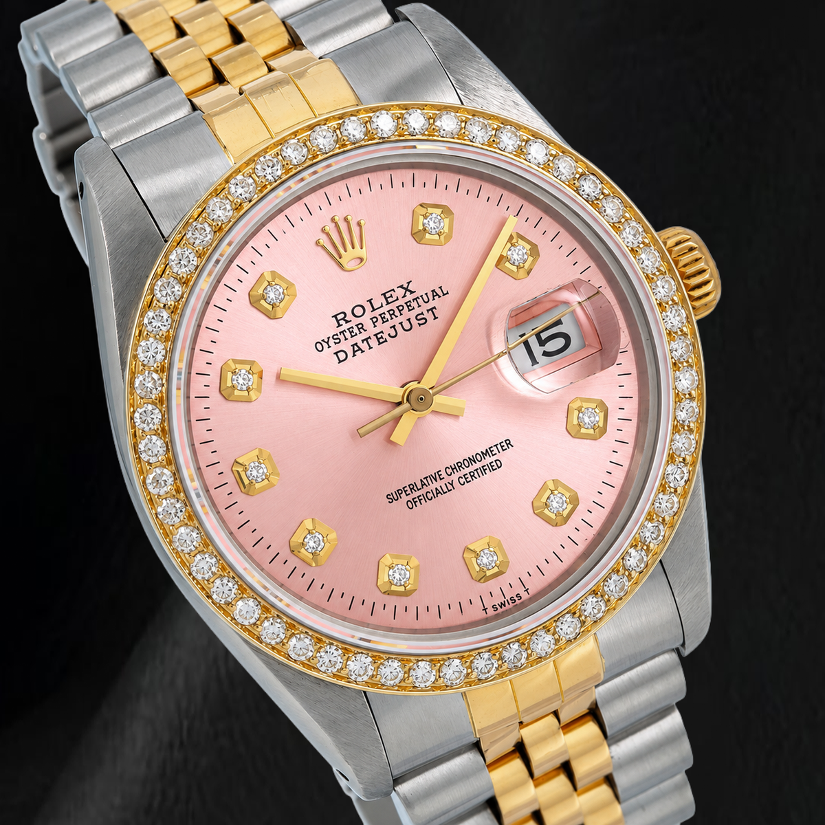 Rolex 36mm Datejust 16013 Pink Diamond Dial Watch Two Tone