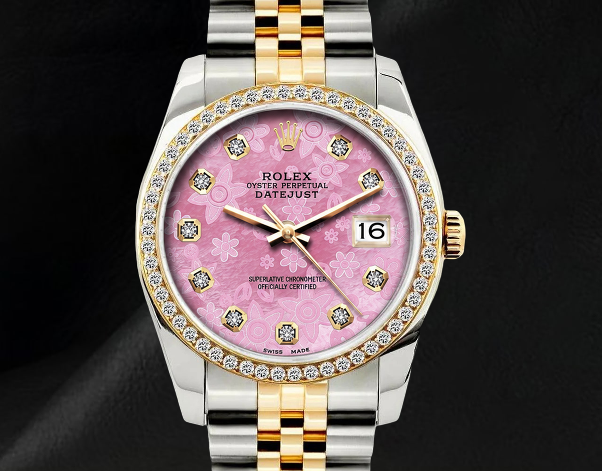 Rolex 36mm Datejust 16013 Pink Floral Diamond Dial Watch Two Tone