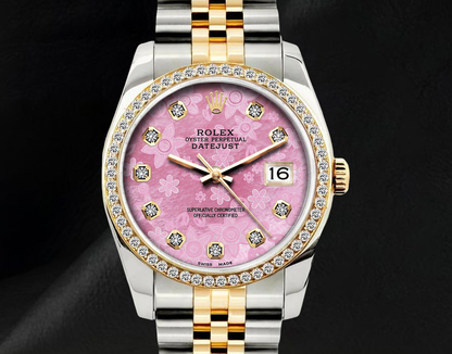 Rolex 36mm Datejust 16013 Pink Floral Diamond Dial Watch Two Tone