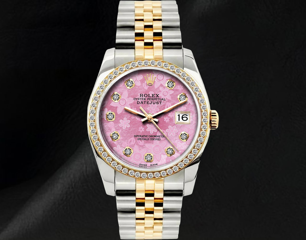 Rolex 36mm Datejust 16013 Pink Floral Diamond Dial Watch Two Tone