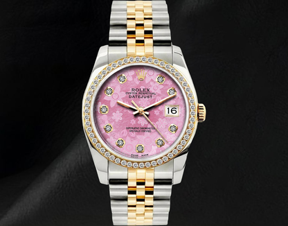 Rolex 36mm Datejust 16013 Pink Floral Diamond Dial Watch Two Tone