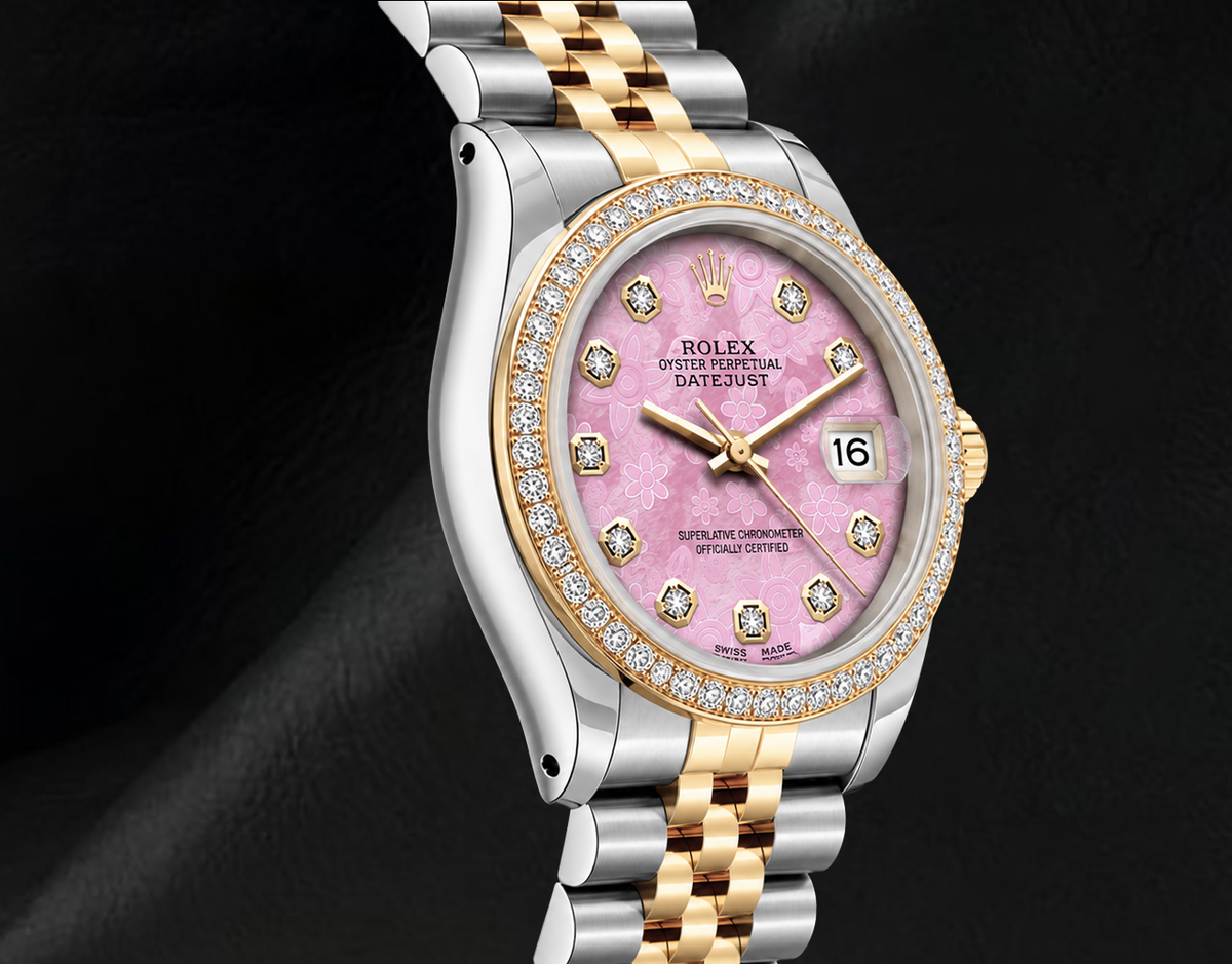 Rolex 36mm Datejust 16013 Pink Floral Diamond Dial Watch Two Tone