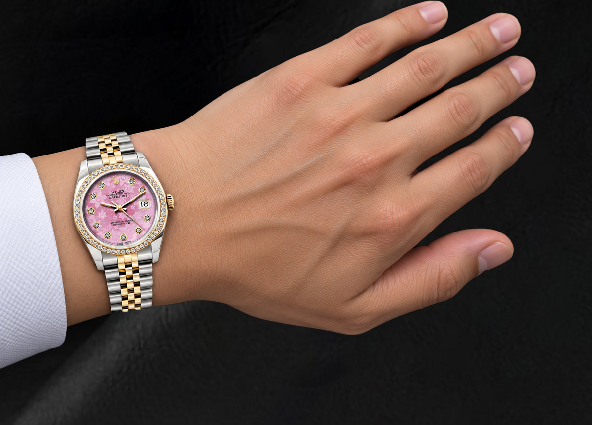 Rolex 36mm Datejust 16013 Pink Floral Diamond Dial Watch Two Tone